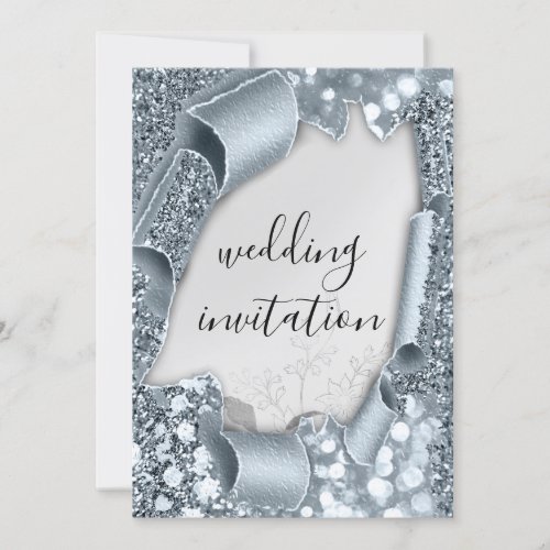 Wedding 3D Effect Frame Florals Silver Smoky Blue Invitation