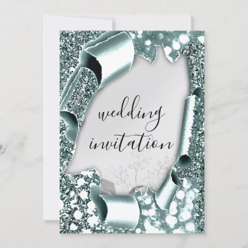 Wedding 3D Effect Frame Florals Silver Smoky Teal Invitation