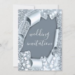 Wedding 3D Effect Glitter Smoky Blue Glam Invitation