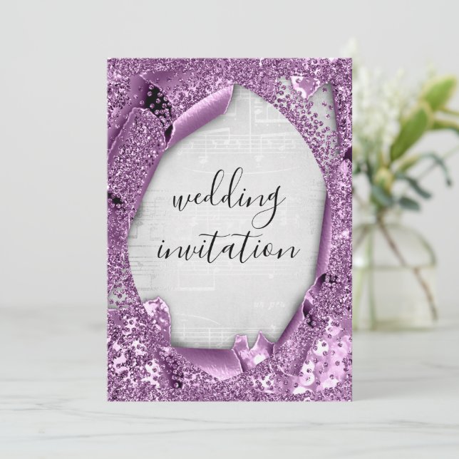 Wedding 3D Effect Silver Gray Purple Music  Invitation (Standing Front)