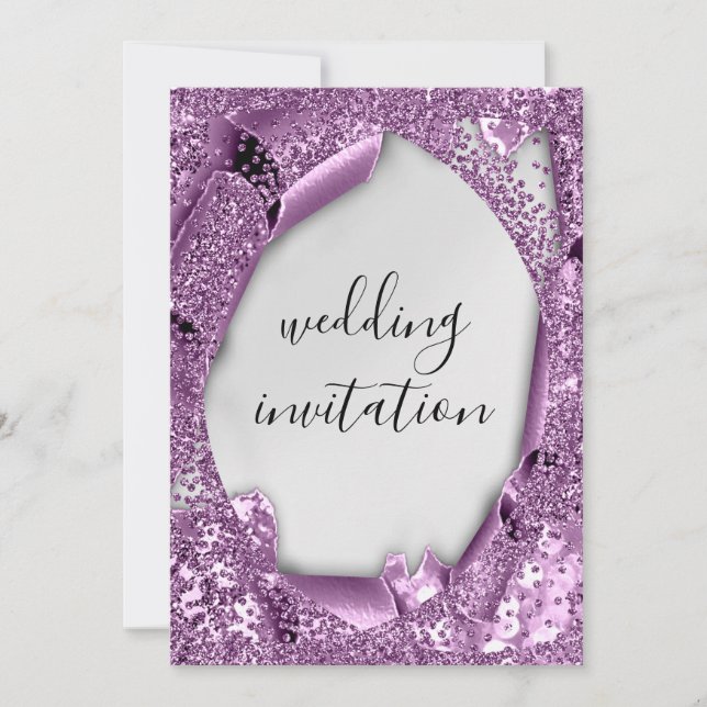 Wedding 3D Effect Silver Gray Purple Violet Invitation (Front)