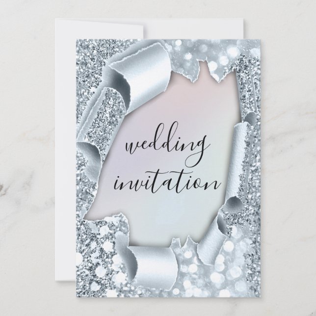 Wedding 3D Effect Smoky Blue Holograph Glitter Invitation (Front)
