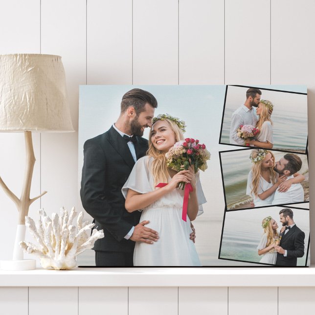 Wedding 4 Photo Collage with Vertical ZigZag Faux Canvas Print (Creator Uploaded)