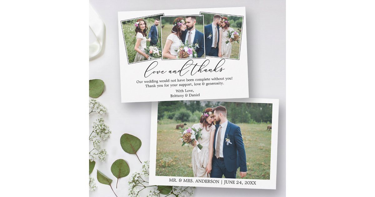 Wedding 4 Photo Modern Minimalist Calligraphy Love Thank You Card | Zazzle