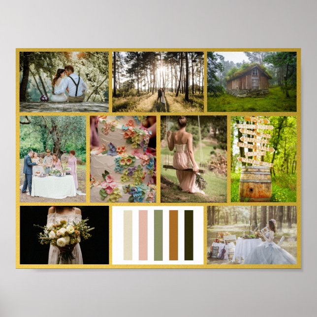 Wedding 9 Photo Template Gold Border Mood Board Poster (Front)