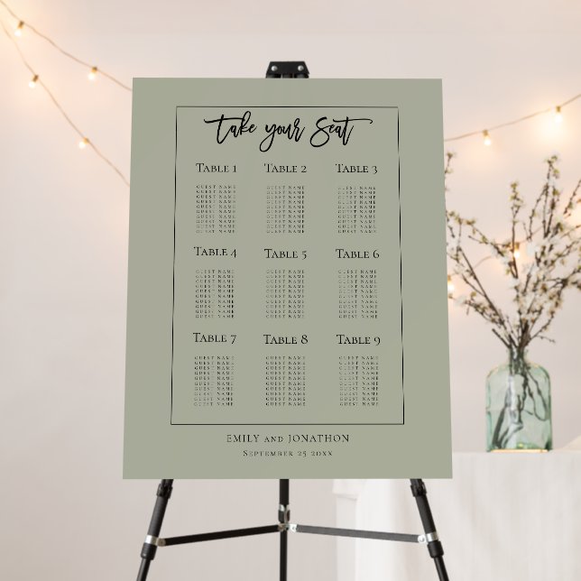 Wedding 9 Table Seating Plan Pale Sage Green Foam Board (In Situ (Stand))