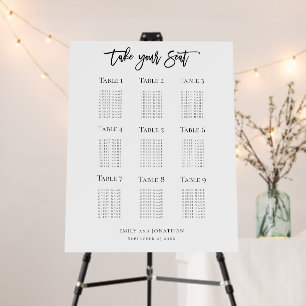 Wedding 9 Table Seating Plan Script Black White Foam Board