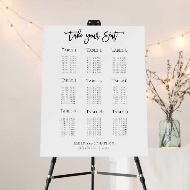 Wedding 9 Table Seating Plan Script Black White Foam Board (In Situ (Stand))