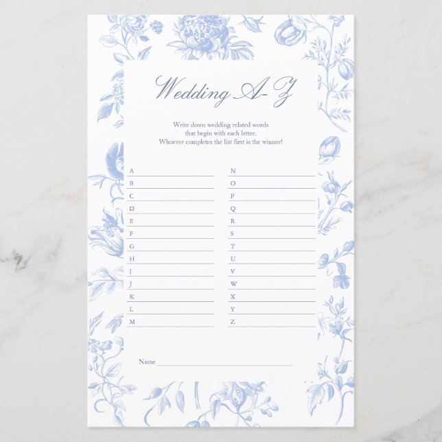 Wedding A to Z Game | Blue Toile Bridal Shower (Front)