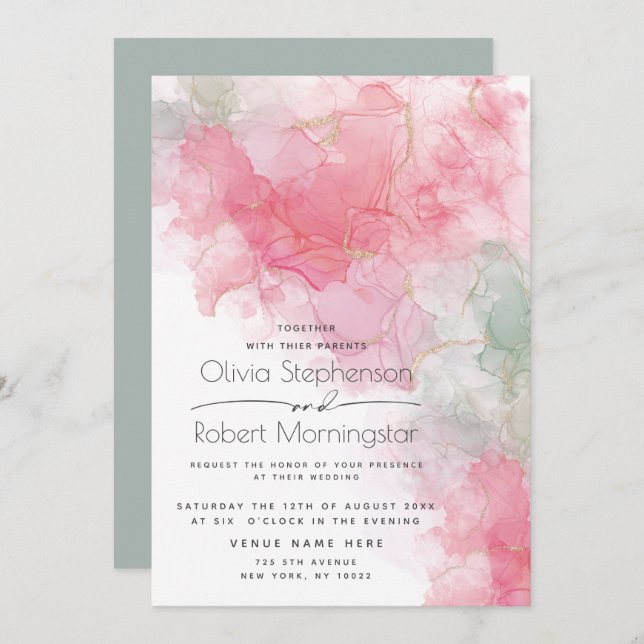 Wedding  Abstract Alcohol Ink Rose and Mint Invitation (Front/Back)
