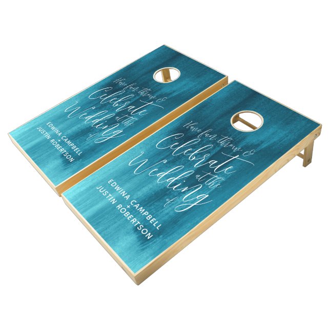Wedding abstract aqua blue green  cornhole set (Angled)