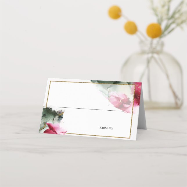 Wedding | Abstract Crimson Sage Fluid Art Place Card (Front)