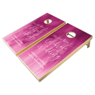Wedding abstract dark pink abstract script cornhole set