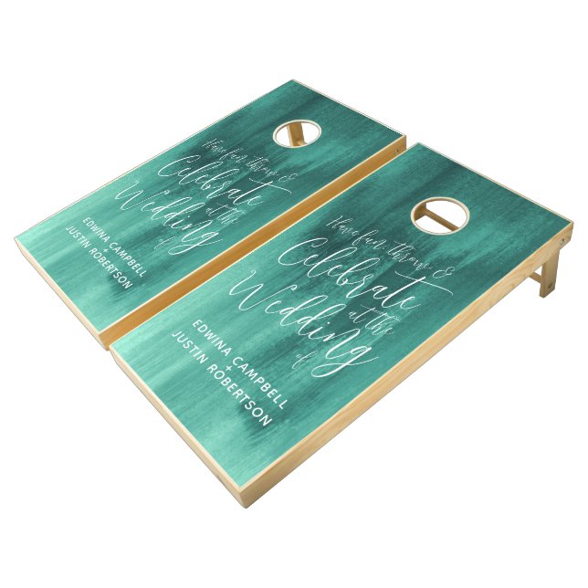 Wedding abstract emerald green  cornhole set (Angled)