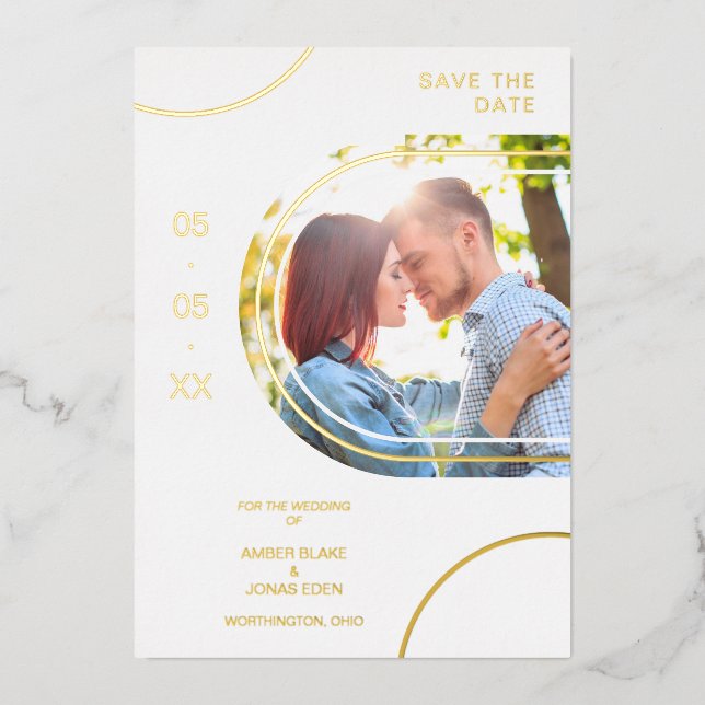 Wedding Abstract Shapes Photo Couple Golden Effect Foil Invitation (Front)