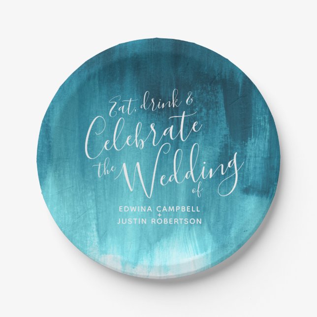 Wedding abstract teal aqua paper plate (Front)