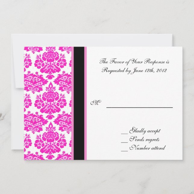 wedding acceptance card, pink damask invitation (Front)