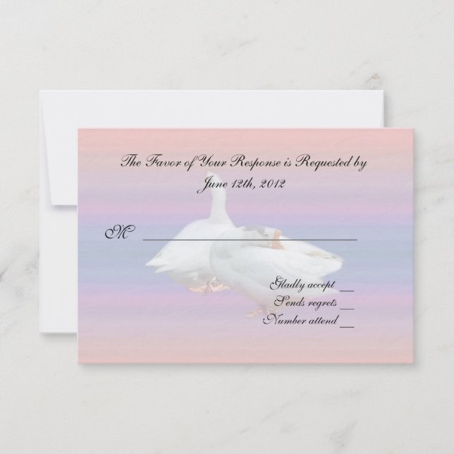 wedding acceptance RSVP card, two white geese (Front)
