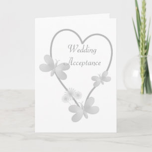 Wedding Acceptance Silver Heart Butterflies Thank You Card