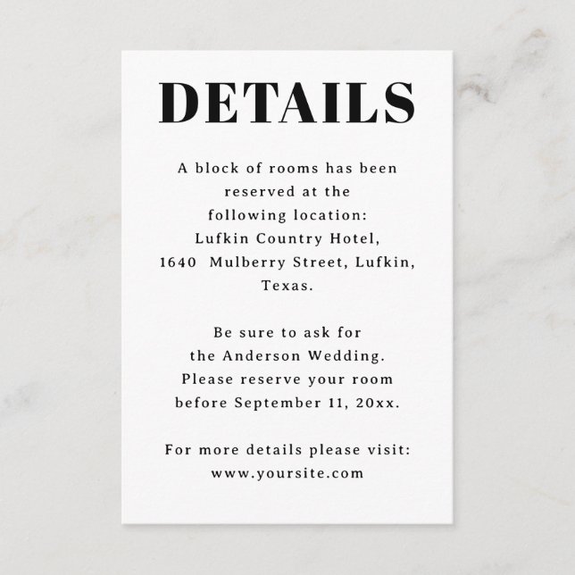 Wedding Accommodation. Hotel Details & Information Enclosure Card (Front)