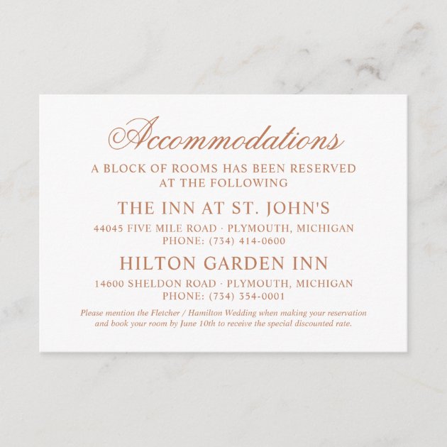 Wedding Accommodations | Copper Classic Elegance Enclosure Card