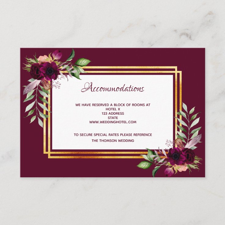 Wedding accommodations floral burgundy boho enclosure card | Zazzle