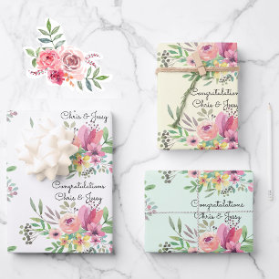 Wedding Add Names Floral Watercolor 3 Pretty Wrapping Paper Sheets