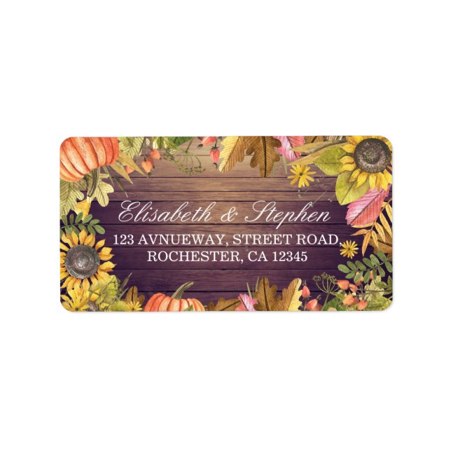 Wedding Address Autumn Maple Leaves Pumpkins Wood Label (Front)