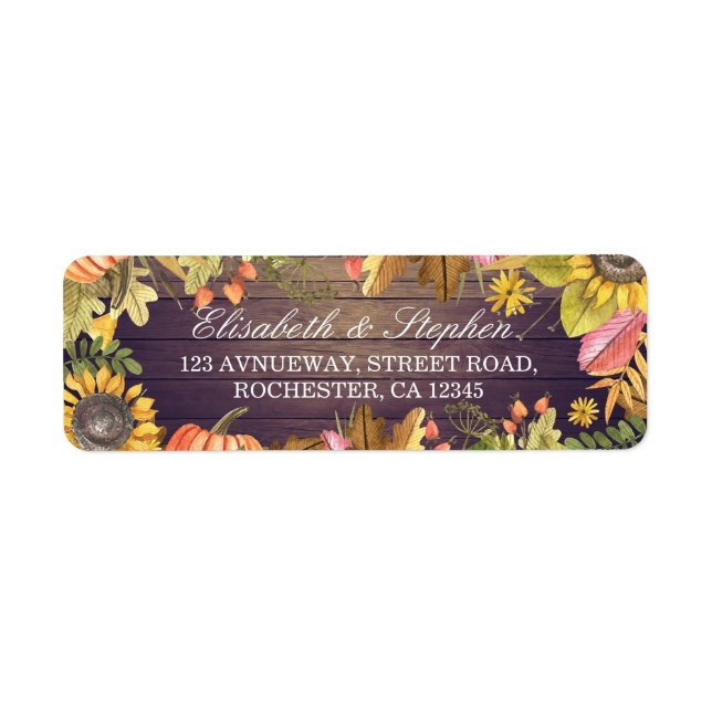 Wedding Address Autumn Maple Leaves Pumpkins Wood Label (Front)
