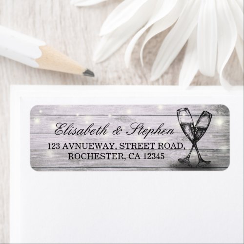 Wedding Address Champagne Glass Wood String Lights Label