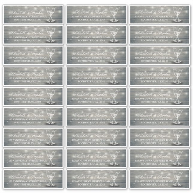 Wedding Address Champagne Glass Wood String Lights Sticker (Front)
