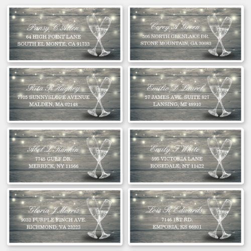 Wedding Address Champagne Glass Wood String Lights Sticker