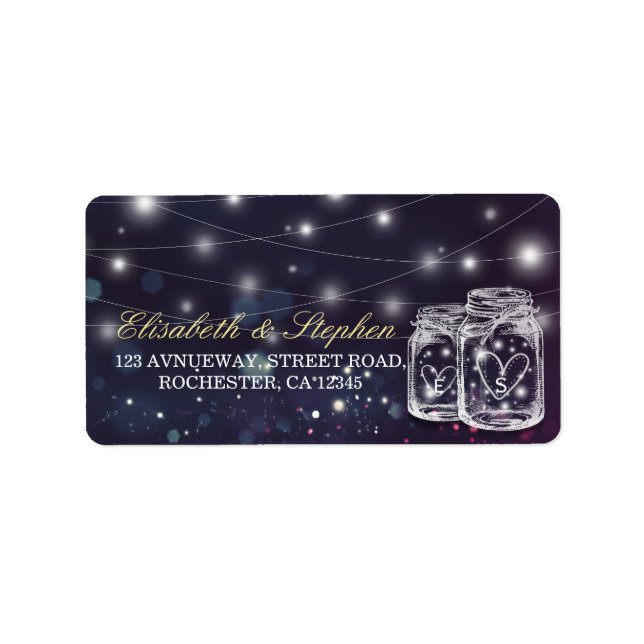 Wedding Address Chic Mason Jar Purple String Light Label (Front)