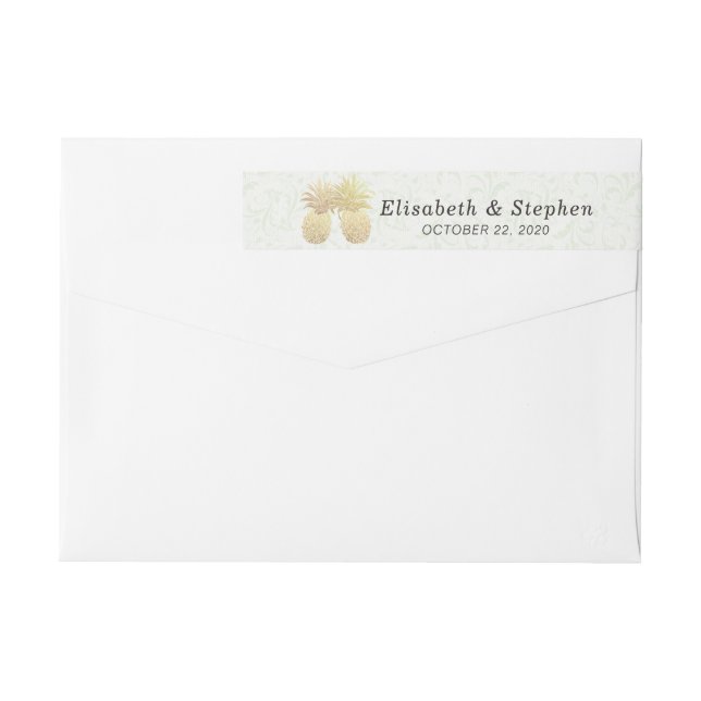Wedding Address Gold Foil Pineapples Damask Paper Wrap Around Label (Back)