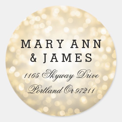 Wedding Address Gold Glitter Lights Classic Round Sticker