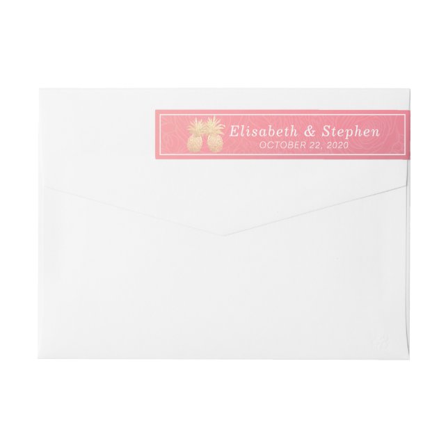 Wedding Address Golden Pineapple Couple Pink Roses Wrap Around Label (Back)