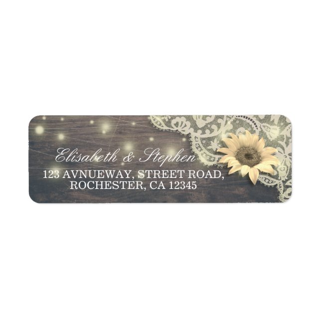 Wedding Address Lace Sunflower Rustic Wood Lights Label (Front)
