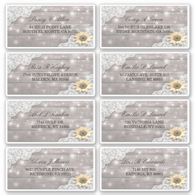 Wedding Address Lace Sunflower Wood String Lights Sticker (Front)