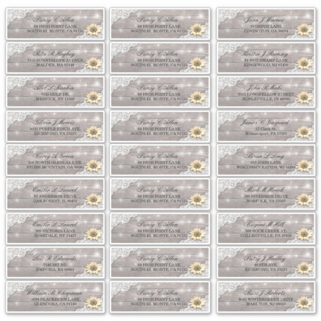 Wedding Address Lace Sunflower Wood String Lights Sticker (Front)