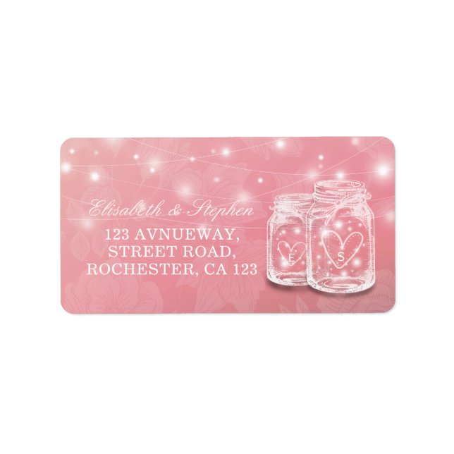 Wedding Address Mason Jar String Light Pink Floral Label (Front)
