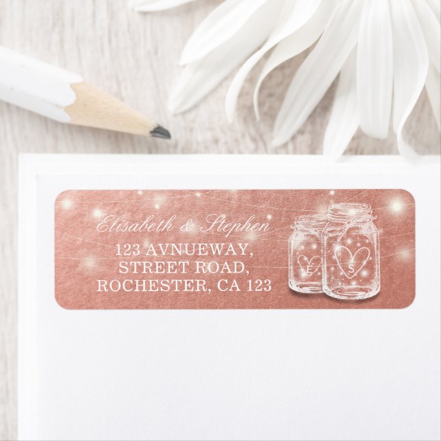 Wedding Address Mason Jars String Lights Rose Gold Label (Insitu)