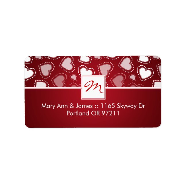 Wedding Address Monogram Dotted Hearts Red Label (Front)