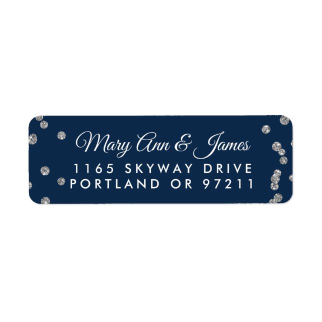 Wedding Address Silver Faux Glitter Confetti Navy Label (Front)
