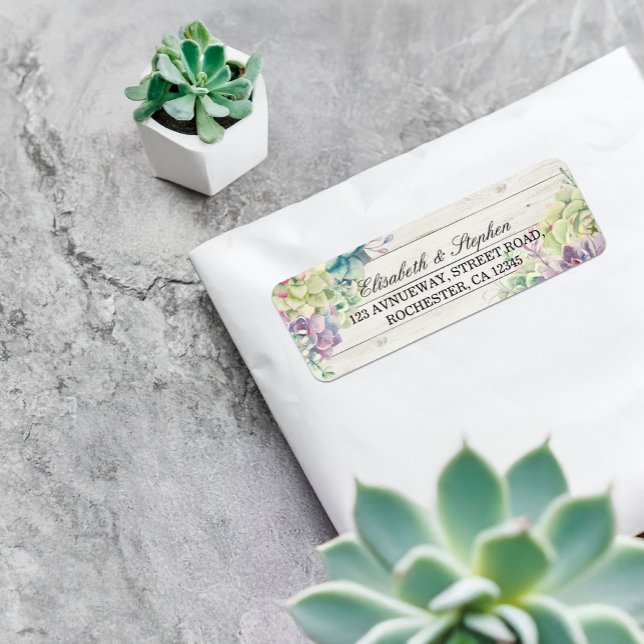 Wedding Address Watercolor Succulents Rustic Wood Label (Creator Uploaded)