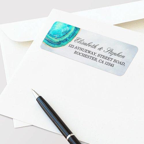 Wedding Address Watercolor Teal  Gold Agate Geode Label