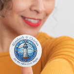 Wedding Adventure Lighthouse Sailing Nautical Classic Round Sticker<br><div class="desc">Set sail on the voyage of a lifetime with our Wedding Adventure Lighthouse Sailing Nautical stickers, a charming addition to your wedding stationary or favors that celebrate the beginning of a new chapter in your love story. With its whimsical design and personalized touch, these stickers are the perfect memento for...</div>