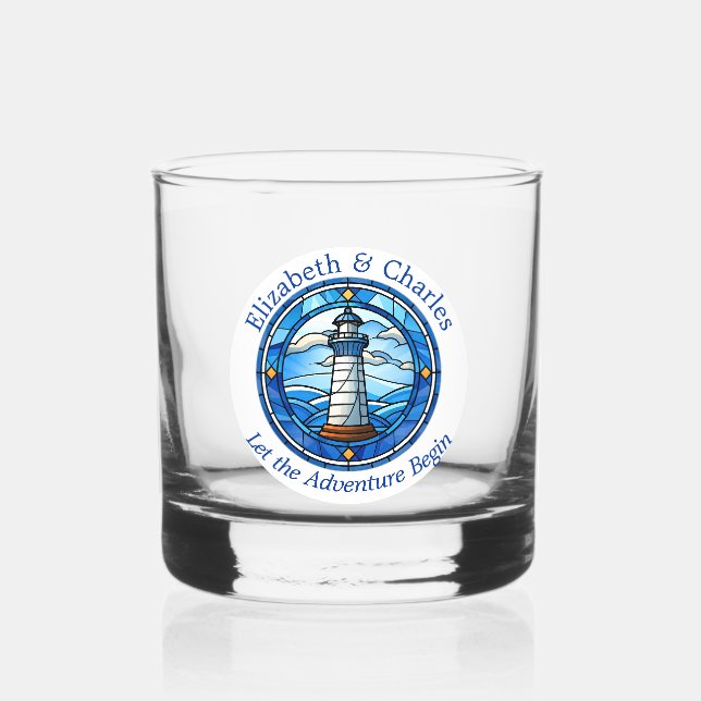 Wedding Adventure Lighthouse Sailing Nautical Whiskey Glass (Front)