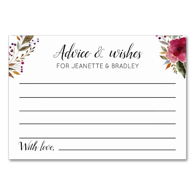 Wedding Advice and Wishes with Burgundy Flowers Table Number (Front)