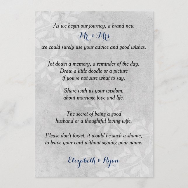 Wedding Advice, Good Wishes, Gray Floral Advice Card (Front)