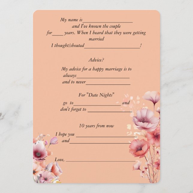 Wedding Advice Peach Fuzz Watercolor Flowers  Card (Back)